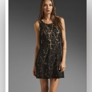 FREE PEOPLE Miles Of Lace Black Dress Nude Slip Floral LBD Cocktail Mini size M